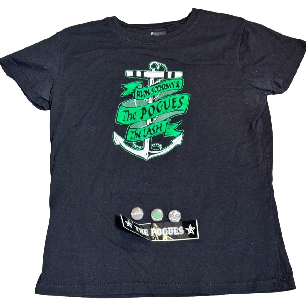 The Pogues Rum Sodomy & The Lash Band T-Shirt Cinder Block Black Large with Pins